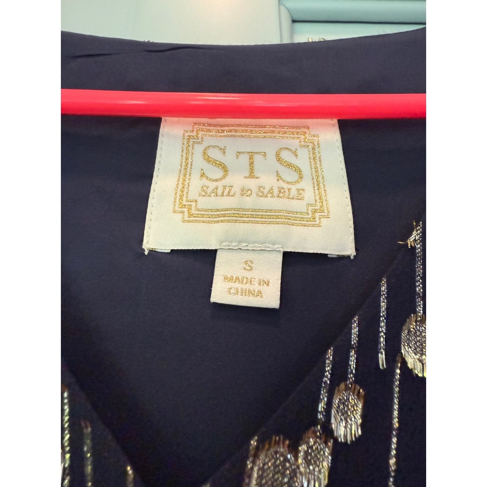 Sail to Sable STS Navy Gold Metallic Blouse Smocked Poet Cuff S heritage silk - Picture 5 of 9